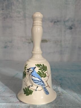 Ceramic Blue Jay Decorative Bell - Cream and Blue